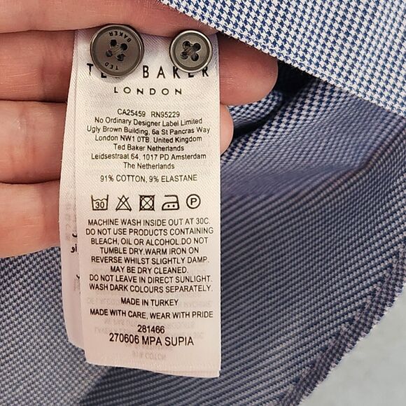 Ted Baker London Shirt Mens 16.5 Slim Blue Houndstooth Button Up L/S Flip Cuff - Picture 9 of 12